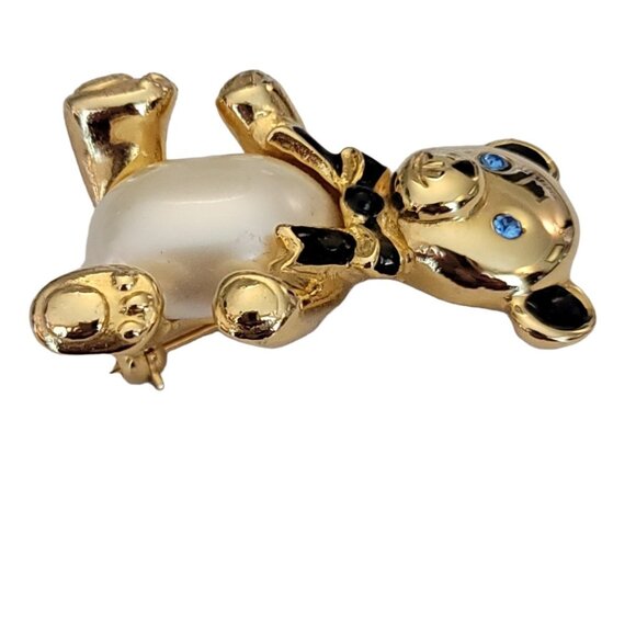 Carolee Gold-Tone Blue Rhinestone, Faux Pearl Belly Bear Brooch Pin, Signed M780 - Picture 2 of 9